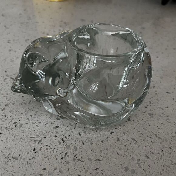 Vintage Indiana Clear Glass Sleeping Cat Votive Candle Tealight Holder Made USA - Picture 2 of 7